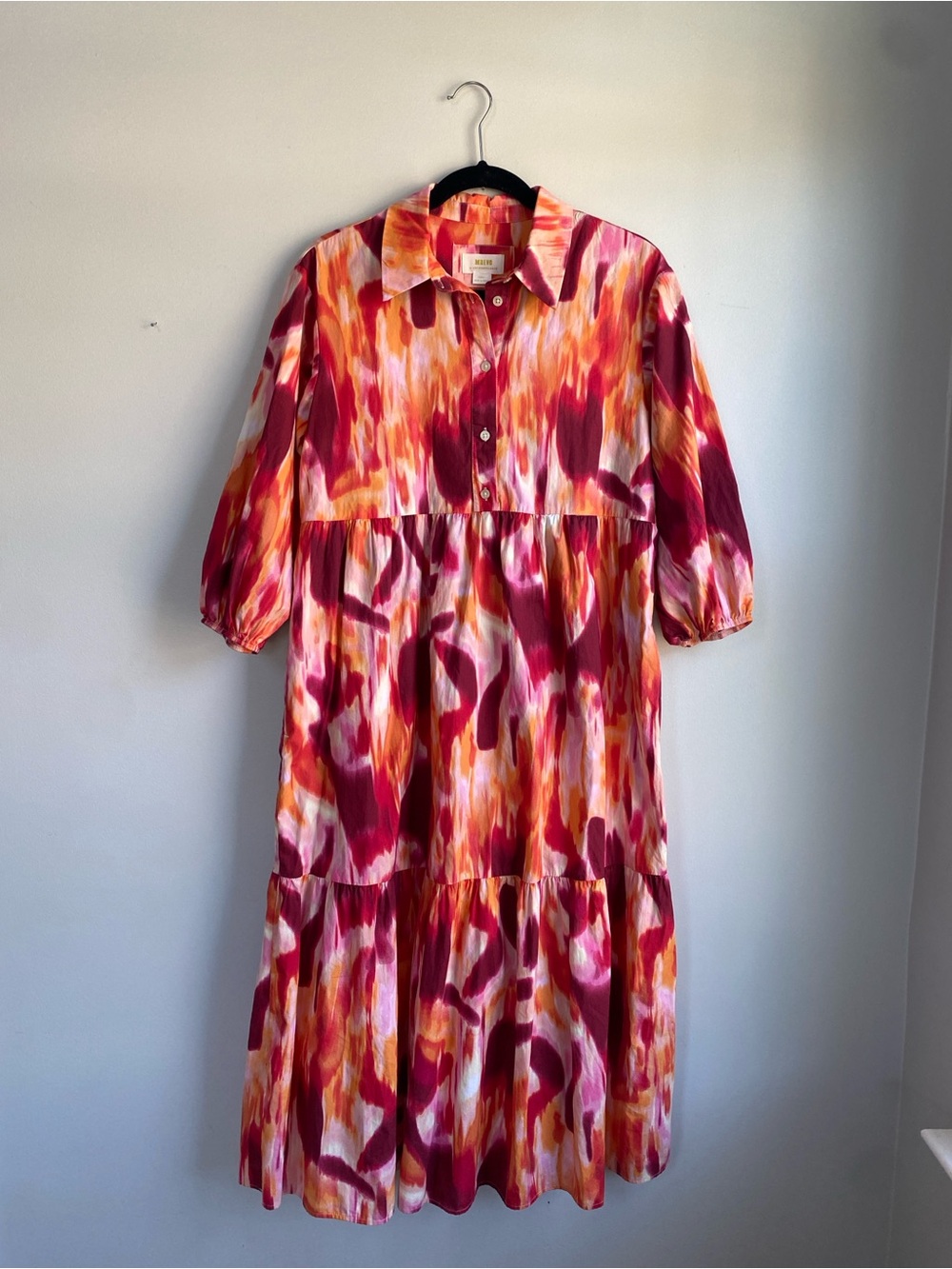 Mauve Abstract Watercolor Midi Dress in Fuchsia, Orange & White